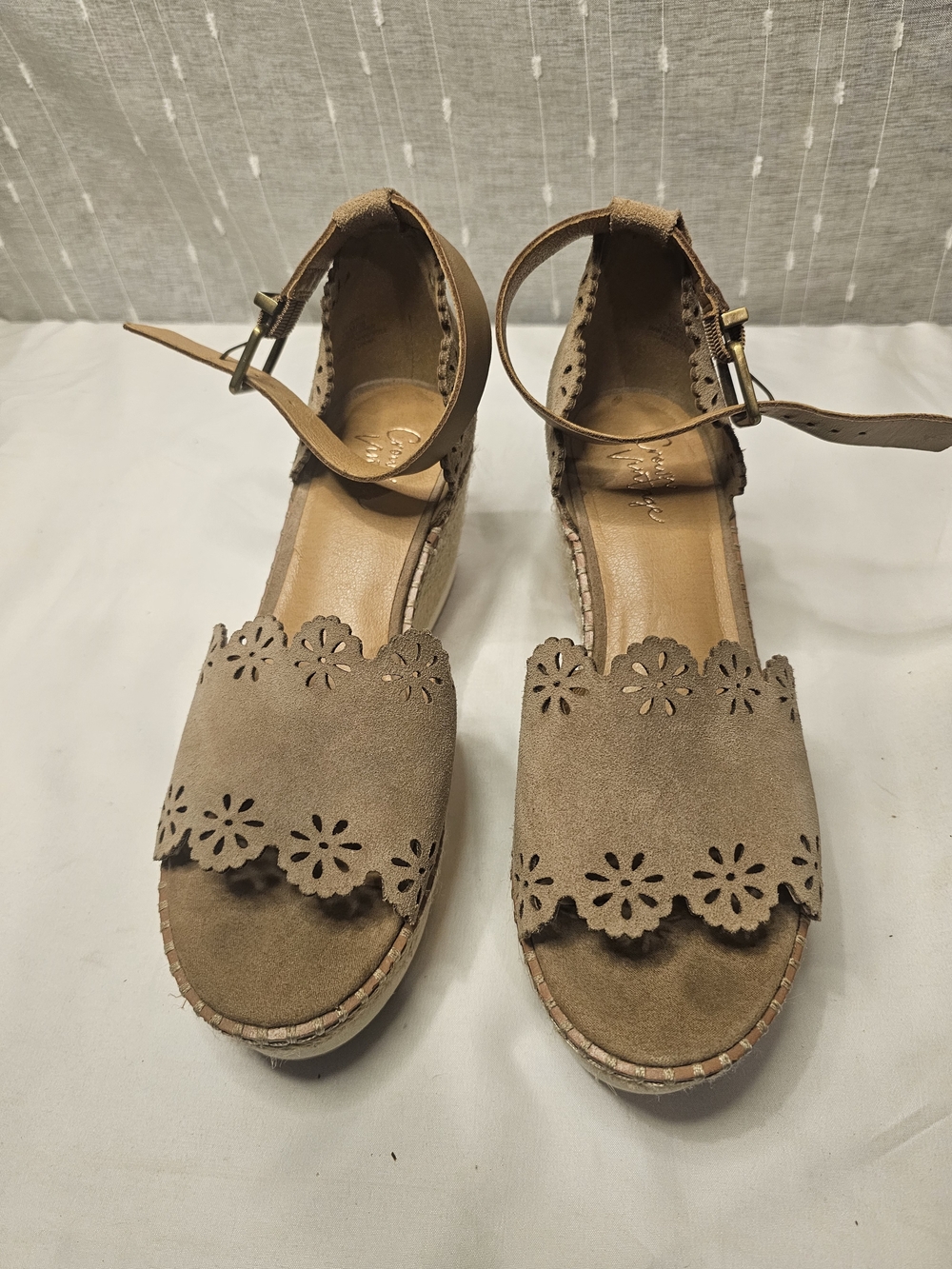 Crown Vintage Suede Laser-Cut Flower Ankle-Strap Espadrille Wedge Sandals - Tan.